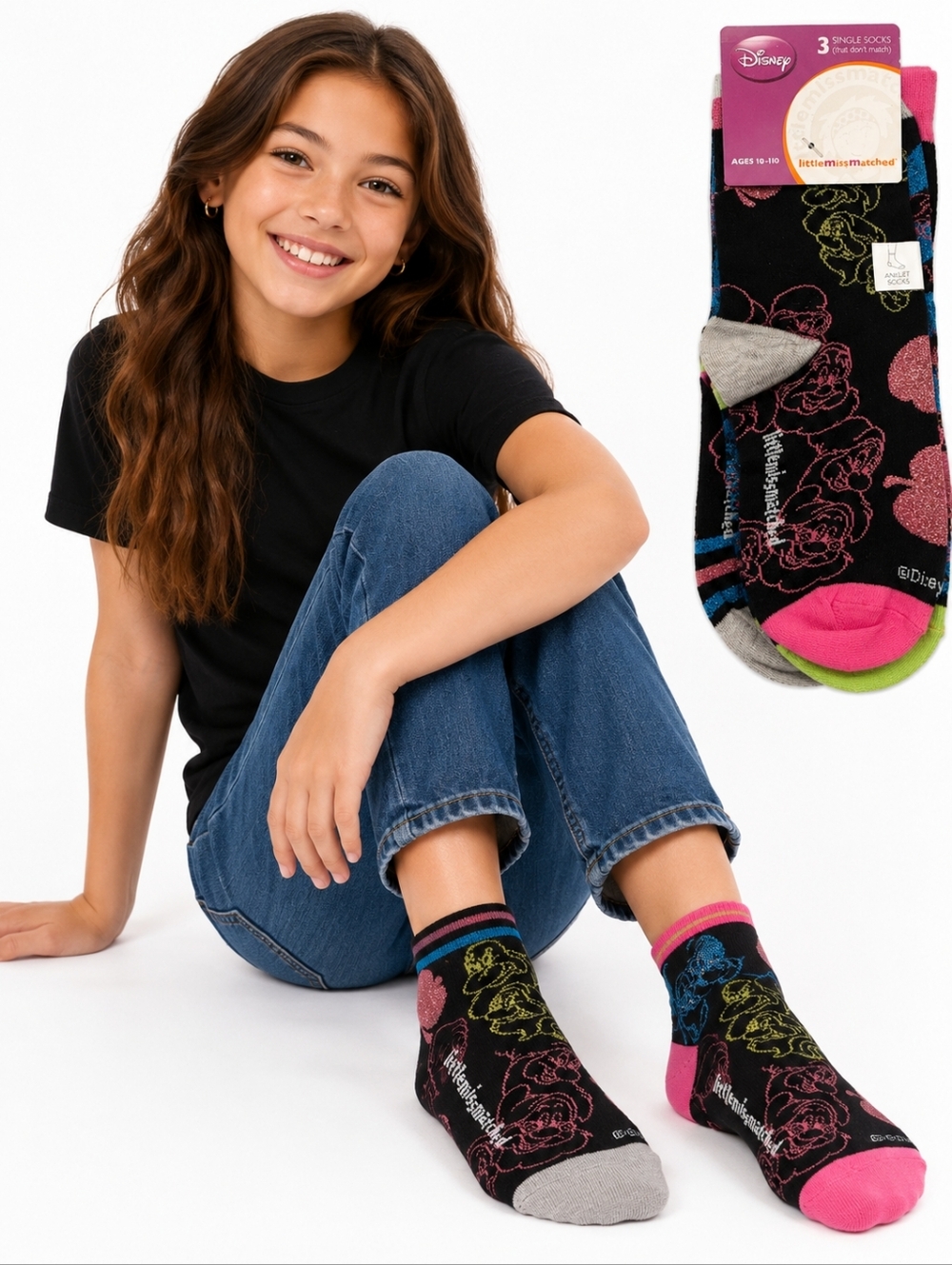 Disney LittleMissMatched 3 Pair Ankle Socks Seven Dwarfs Glitter Socks Girls